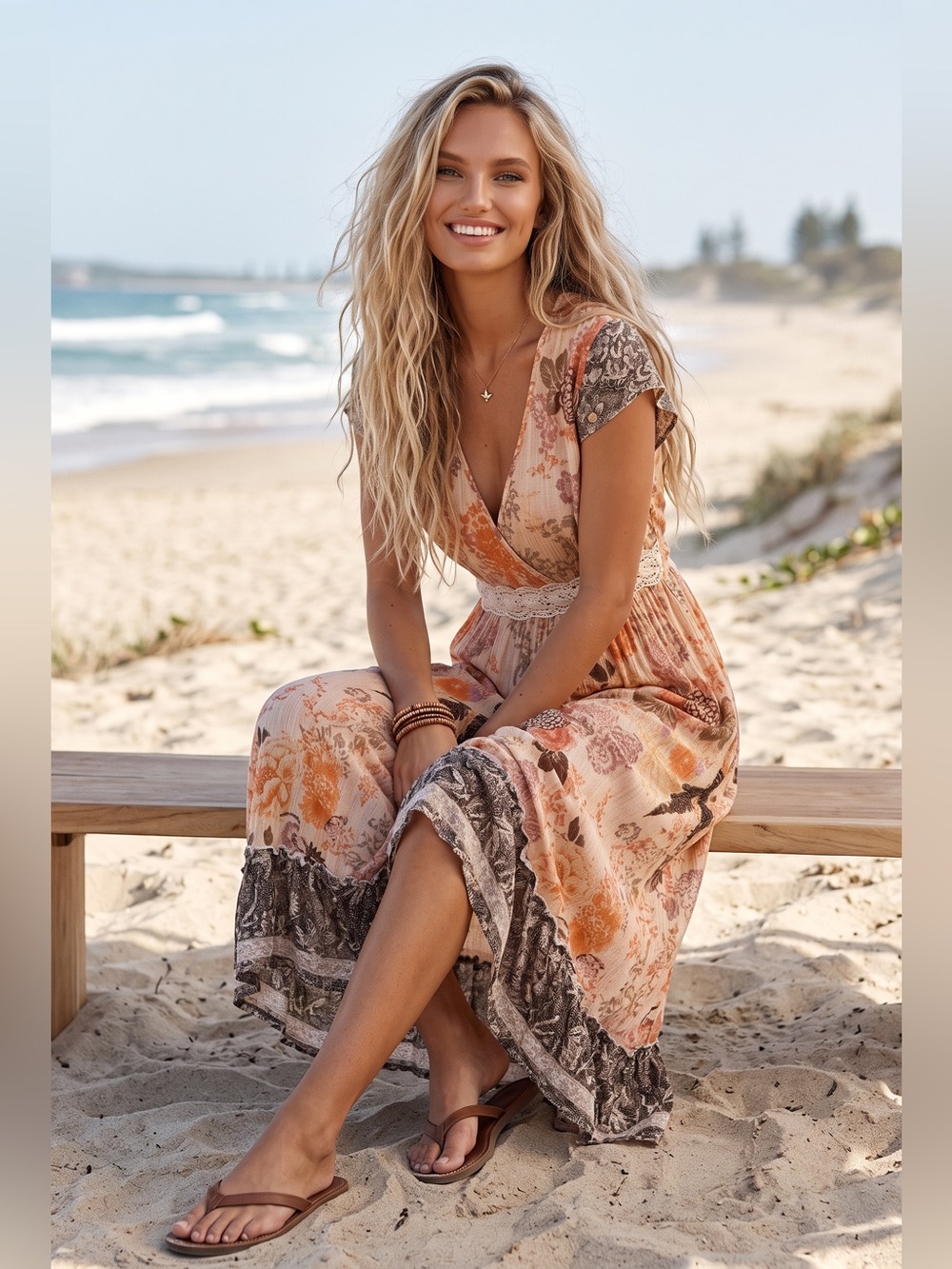 Bila Floral boho Maxi Dress in Peach & Cream